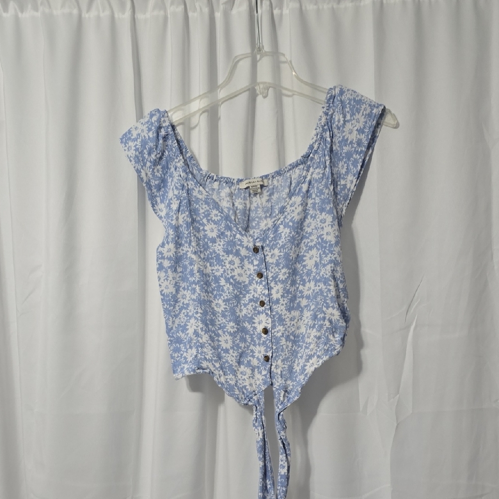 American‎ Eagle Outfitters Blue Floral Cropped Tie Front Off Shoulder Blouse